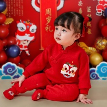 婴儿连体衣红色秋冬季百天拜年衣服抓周宴一周岁礼服男女 宝宝套装