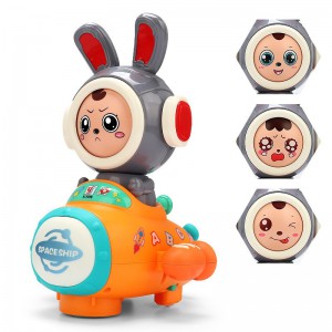 新品电动万向变脸小兔子太空飞船玩具音乐灯光变脸娃娃儿童玩具