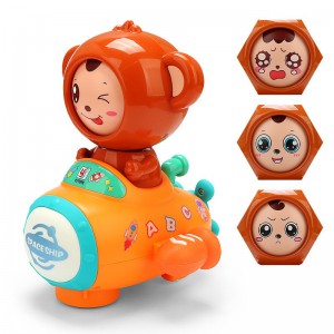 新品电动万向变脸小兔子太空飞船玩具音乐灯光变脸娃娃儿童玩具