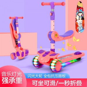 Foldable 3-in-1 music baby scooter, ridable, swivel seat, foot pedal, children&#039;s scooter