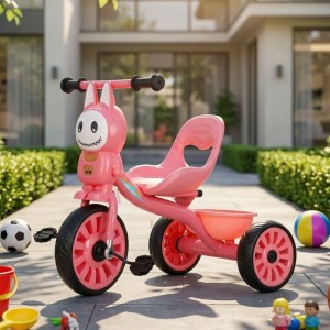 child tricycle with rear storage basket, sturdy steel frame, ergonomic seat, EVA silent wheels, toddler tricycle