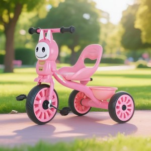 child tricycle with rear storage basket, sturdy steel frame, ergonomic seat, EVA silent wheels, toddler tricycle